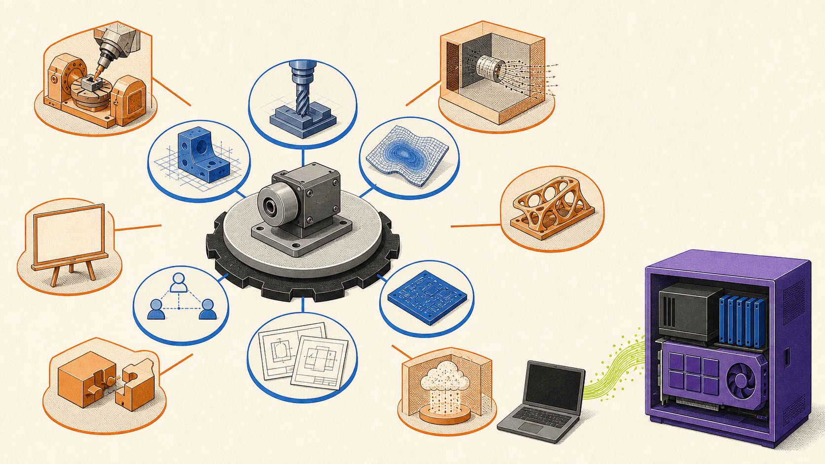 Robotic joint surrounded by included design tools, separate optional modules, and a laptop connected to a remote cloud workstation.