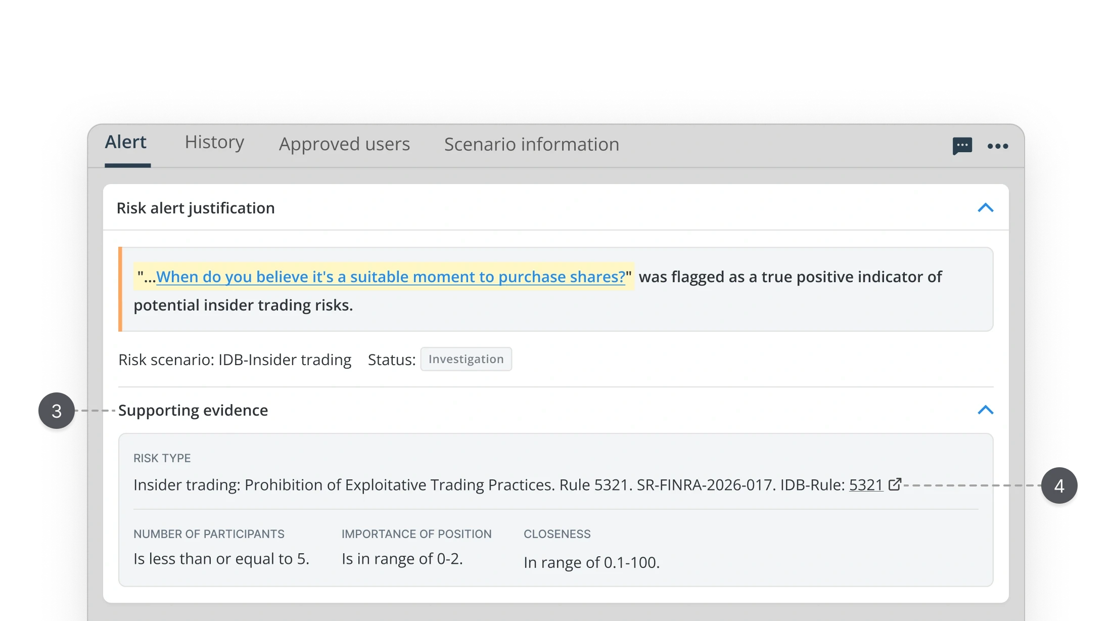 Improved risk alert justification component in collapsed state.  Flagged compliance signal elevated with orange left border.  Risk scenario and investigation status surfaced inline.  Supporting evidence hidden by default to reduce cognitive load.  UX case study by Yanick, senior product designer.