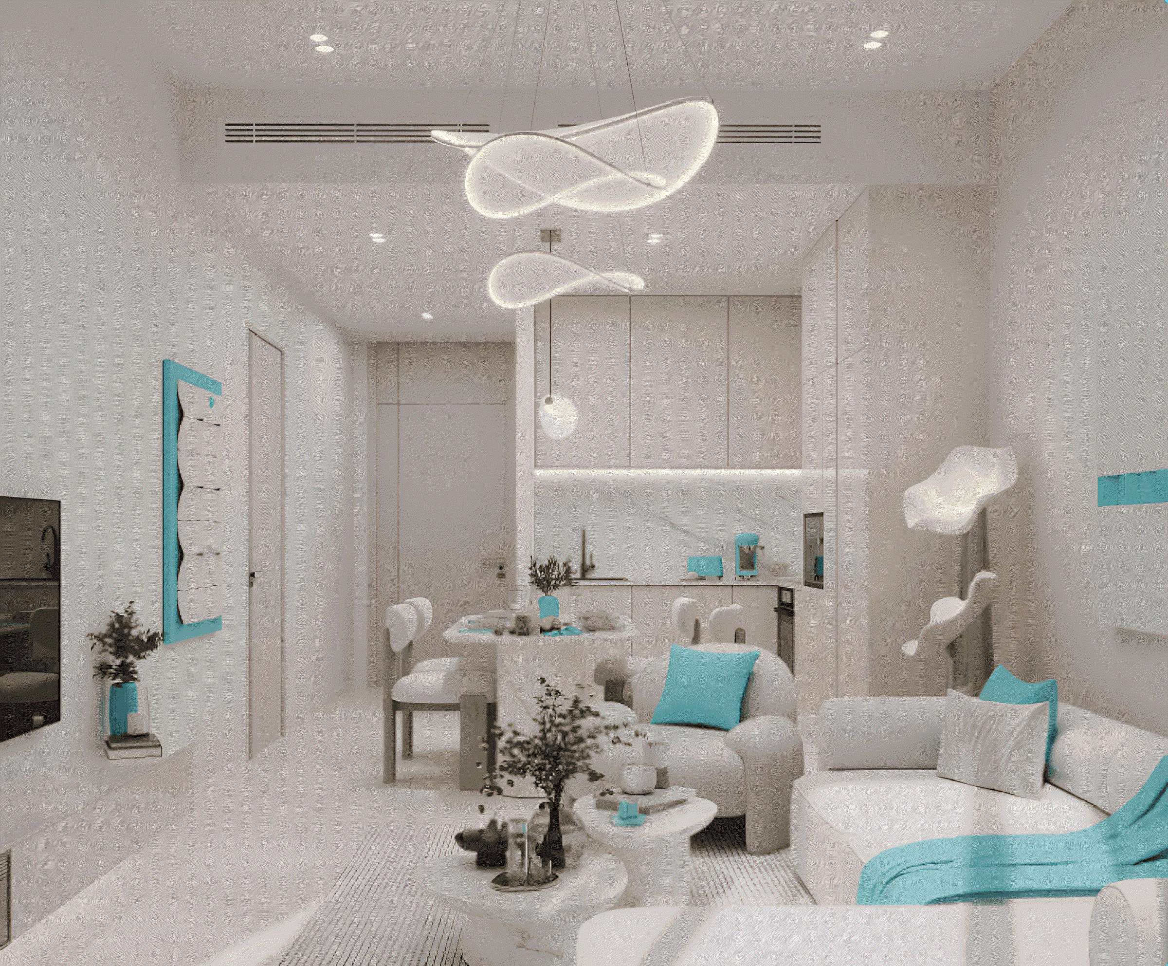 Modern living room in Reef 996 Dubai featuring stylish furniture, large windows, and contemporary decor.