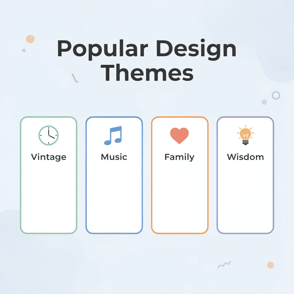 Infographic showing four popular 70th birthday t-shirt design themes - 70th Birthday Party Ideas