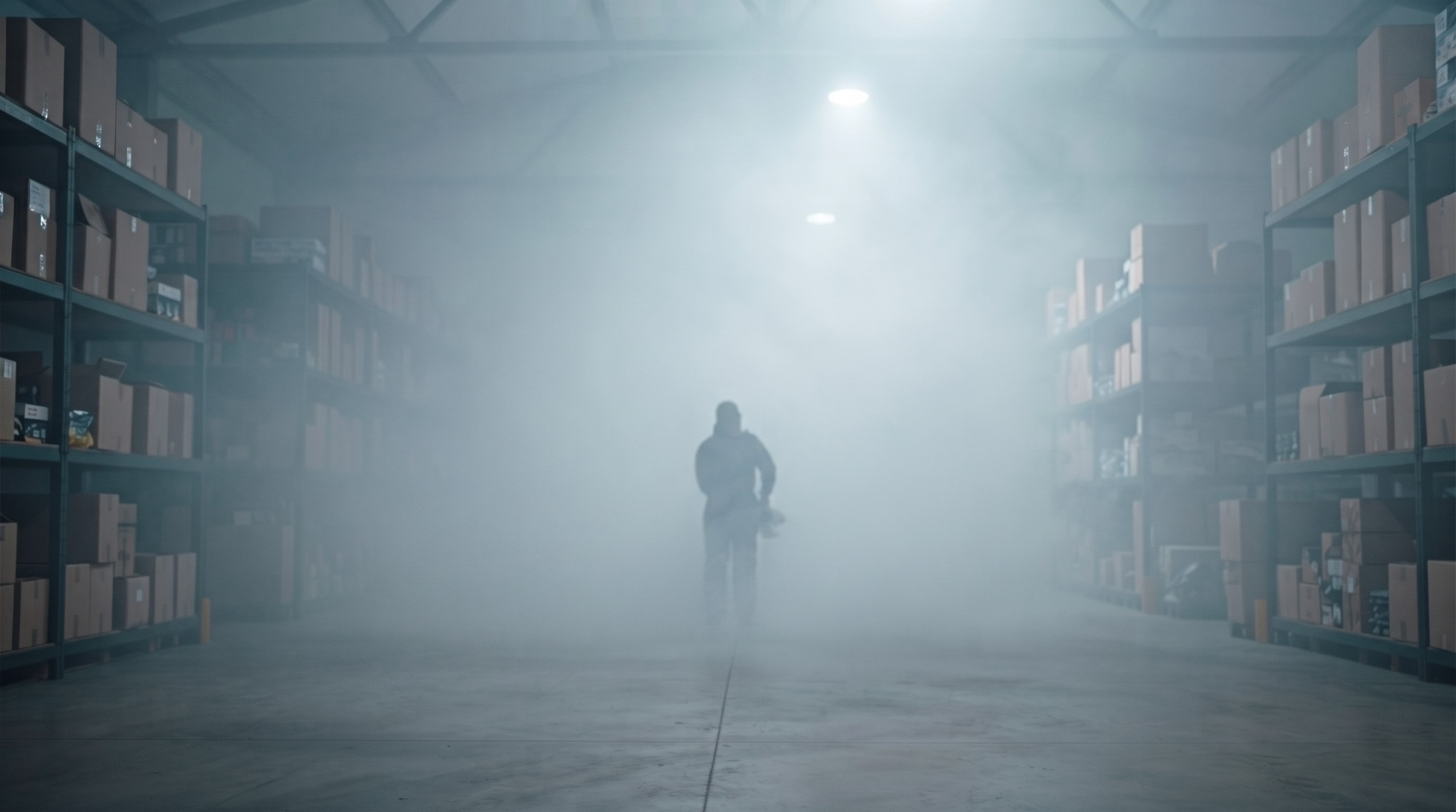 Corridor of a large facility during professional disinfection – disinfection mist visible