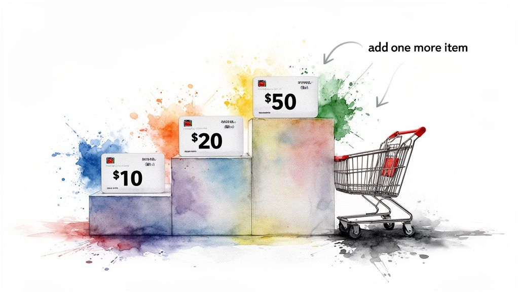 Colorful watercolor blocks display $10, $20, $50 gift cards leading to a shopping cart.