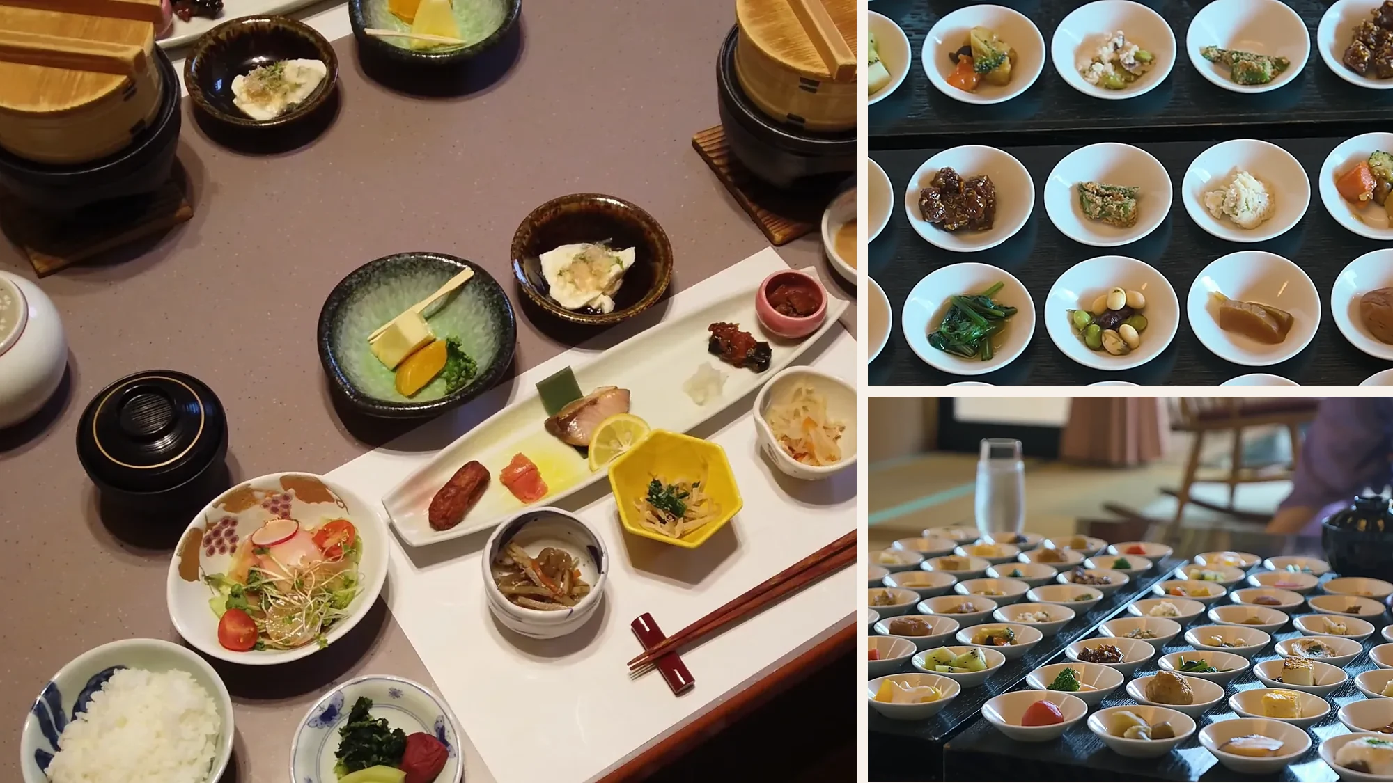 Ryokan breakfast at Kurokawa Onsen: a full tray from above beside two spreads of small dishes in white bowls