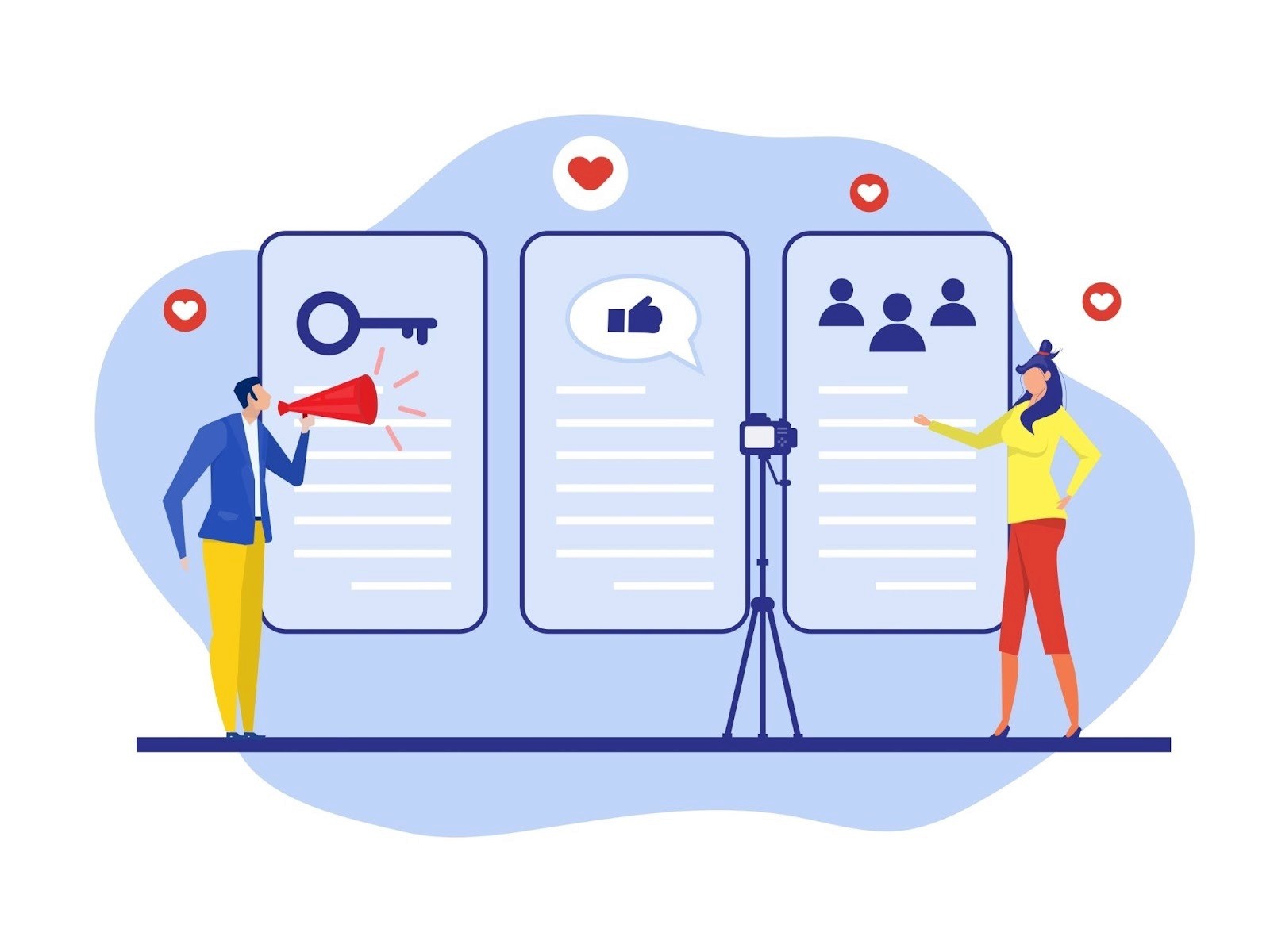 Creator campaign strategy illustration showing marketers managing content, engagement, and audience panels for an influencer marketing campaign