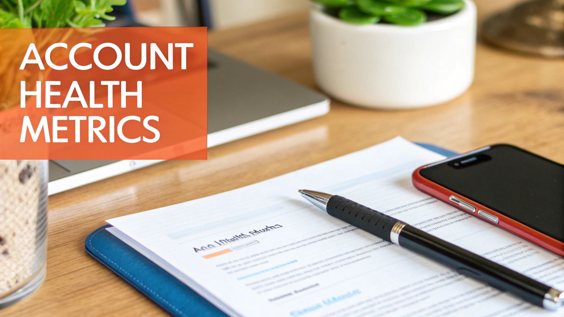 A desktop scene featuring a document with a pen, smartphone, laptop, and a plant, with a text overlay 'ACCOUNT HEALTH METRICS'.