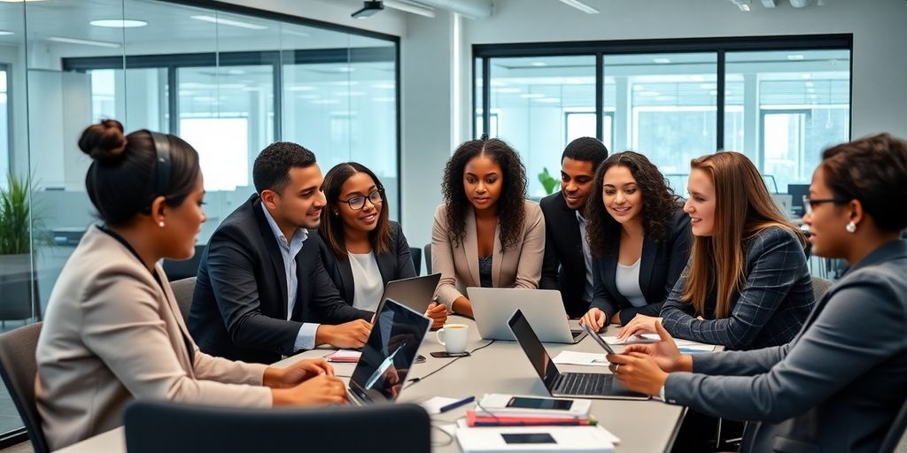 Diverse professionals collaborating in a modern office setting.