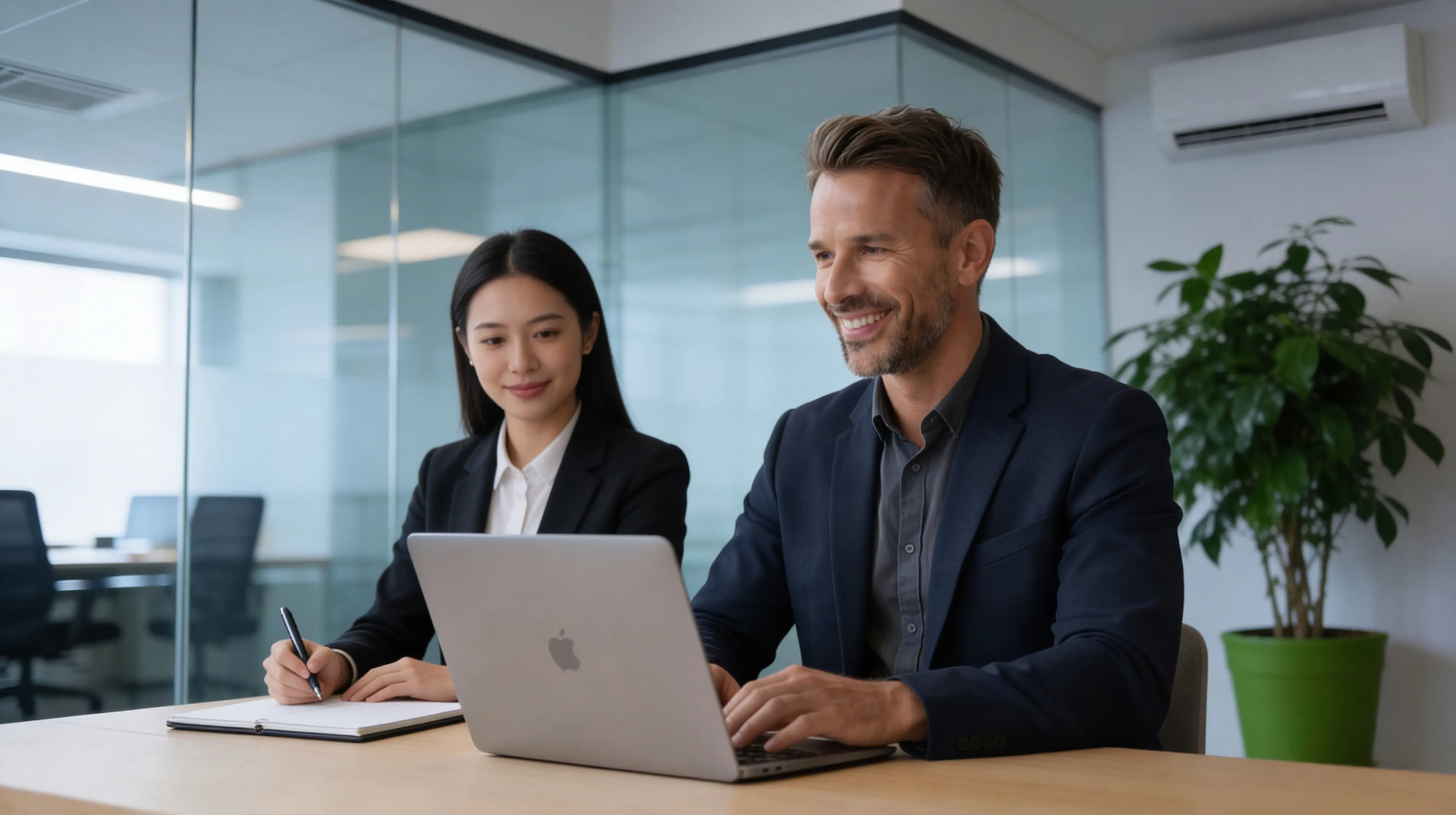 Business man wearing a suit using a laptop and a woman with black hair sitting next to the man in a modern corporate office