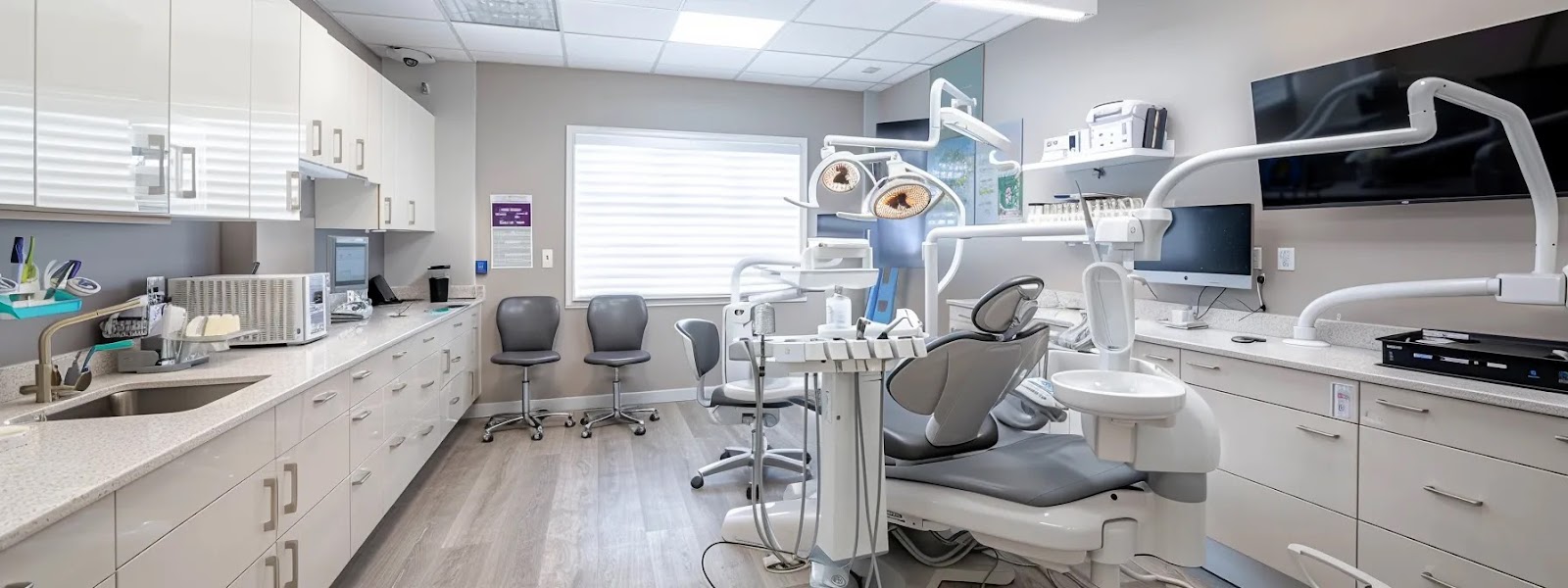 a pristine dental clinic interior with modern equipment gleaming under bright, precise overhead lighting, featuring an elegantly designed treatment chair and an organized workspace that exudes professionalism and cutting-edge dental care.