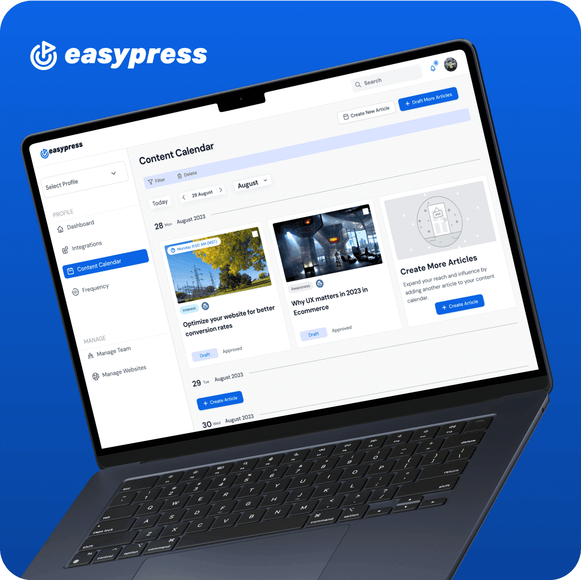 Mockup of EasyPress platform displaying a content calendar and AI-powered content generation tools.