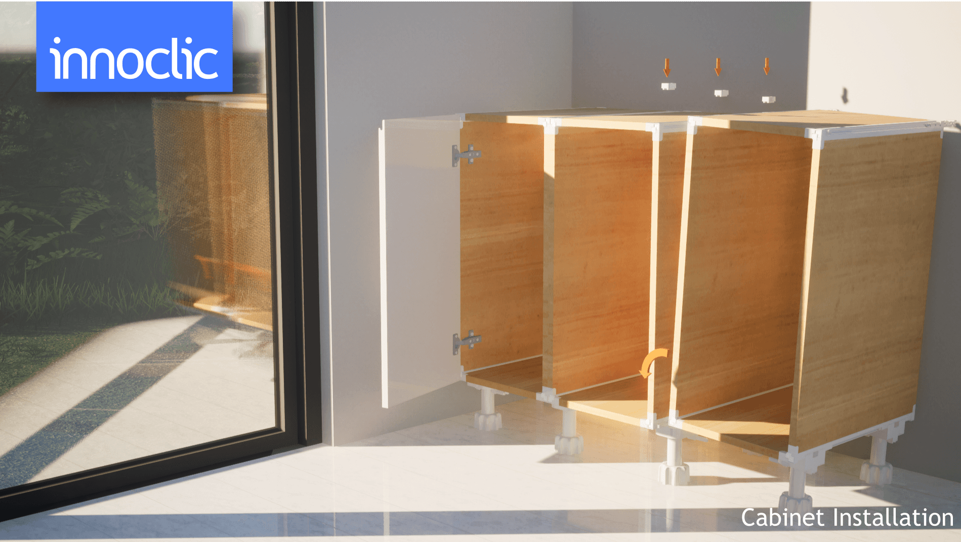 Assembled kitchen cabinet being installed, with open doors. Close-up on the installation process.