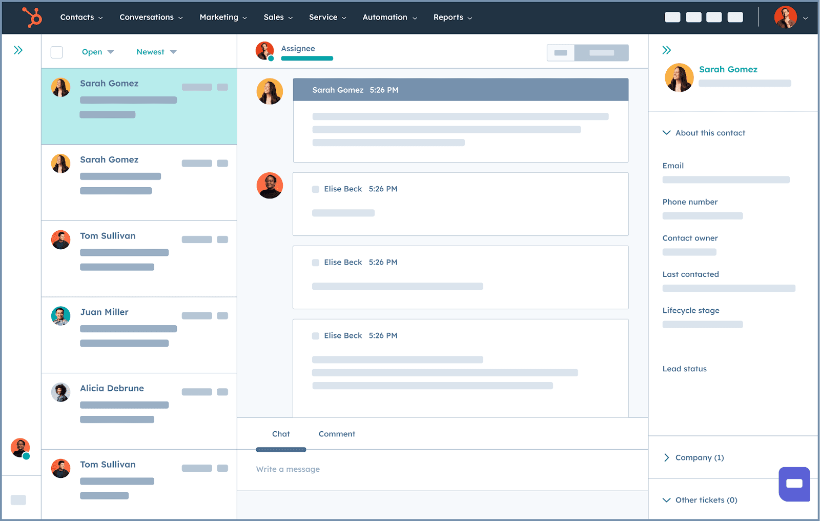 Interface of HubSpot with contact details panel open