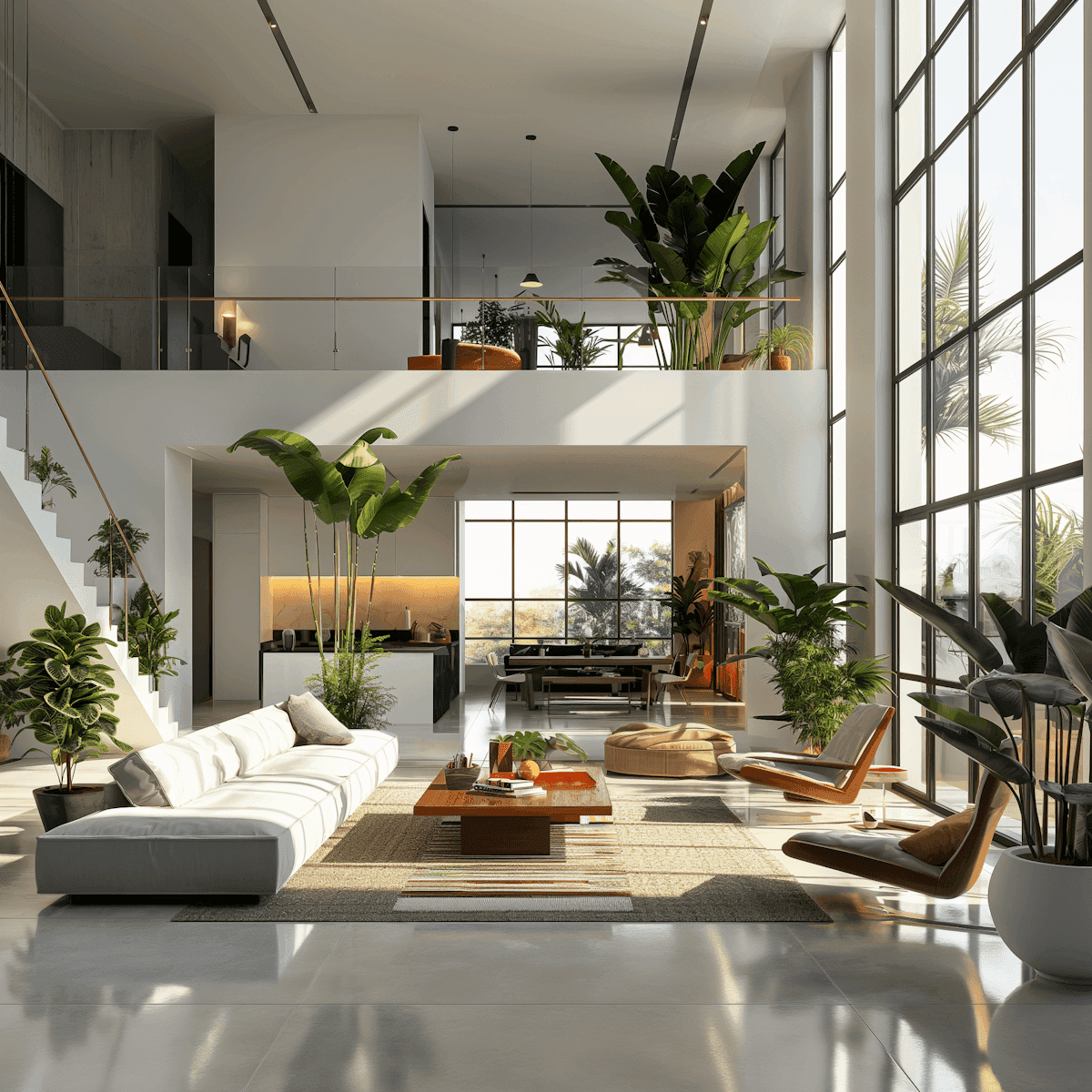 Biophilic double-height living space with tropical plants and mezzanine