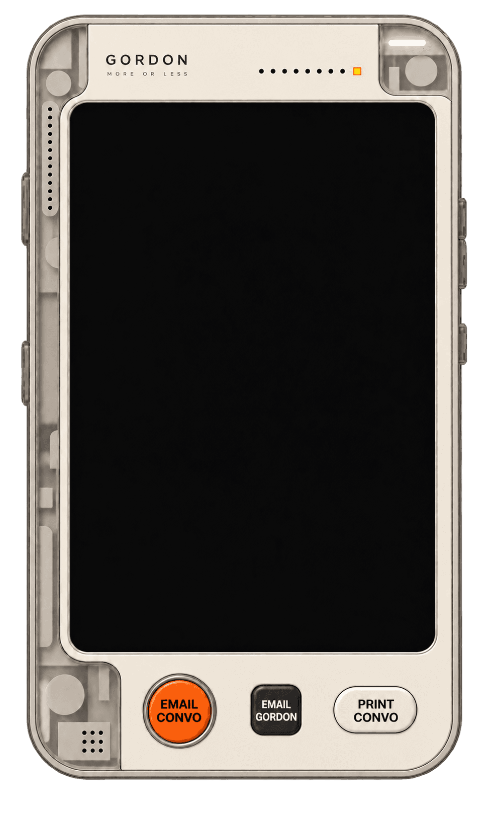 Cream handheld-style assistant casing with orange accents and printed controls around an empty screen.