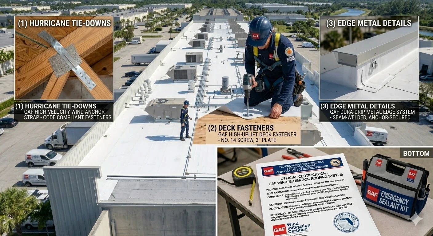 Commercial wind mitigation roofing South Florida — hurricane-rated flat roof installation with perimeter fastening system by Roofing Network