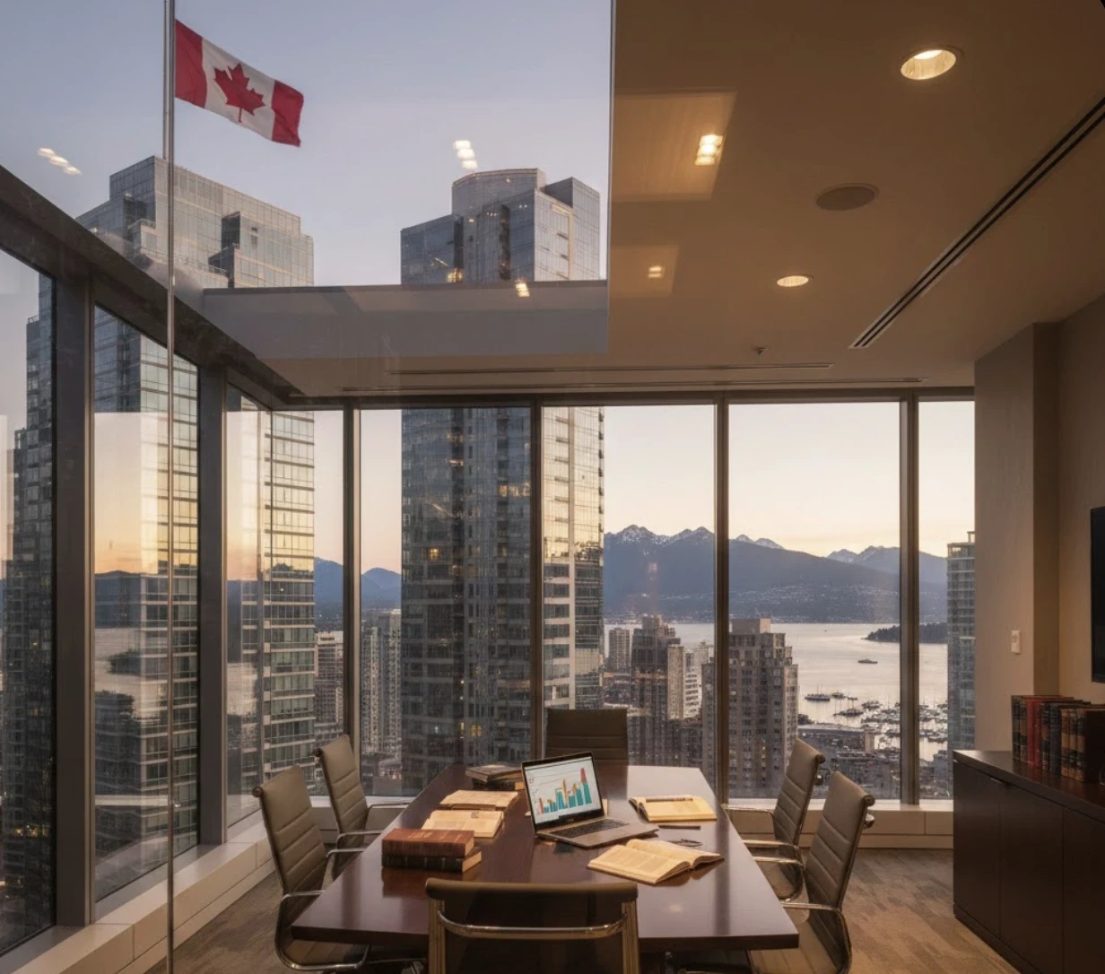 Law firm SEO Vancouver office with skyline view, legal books, and laptop showing analytics at dusk.