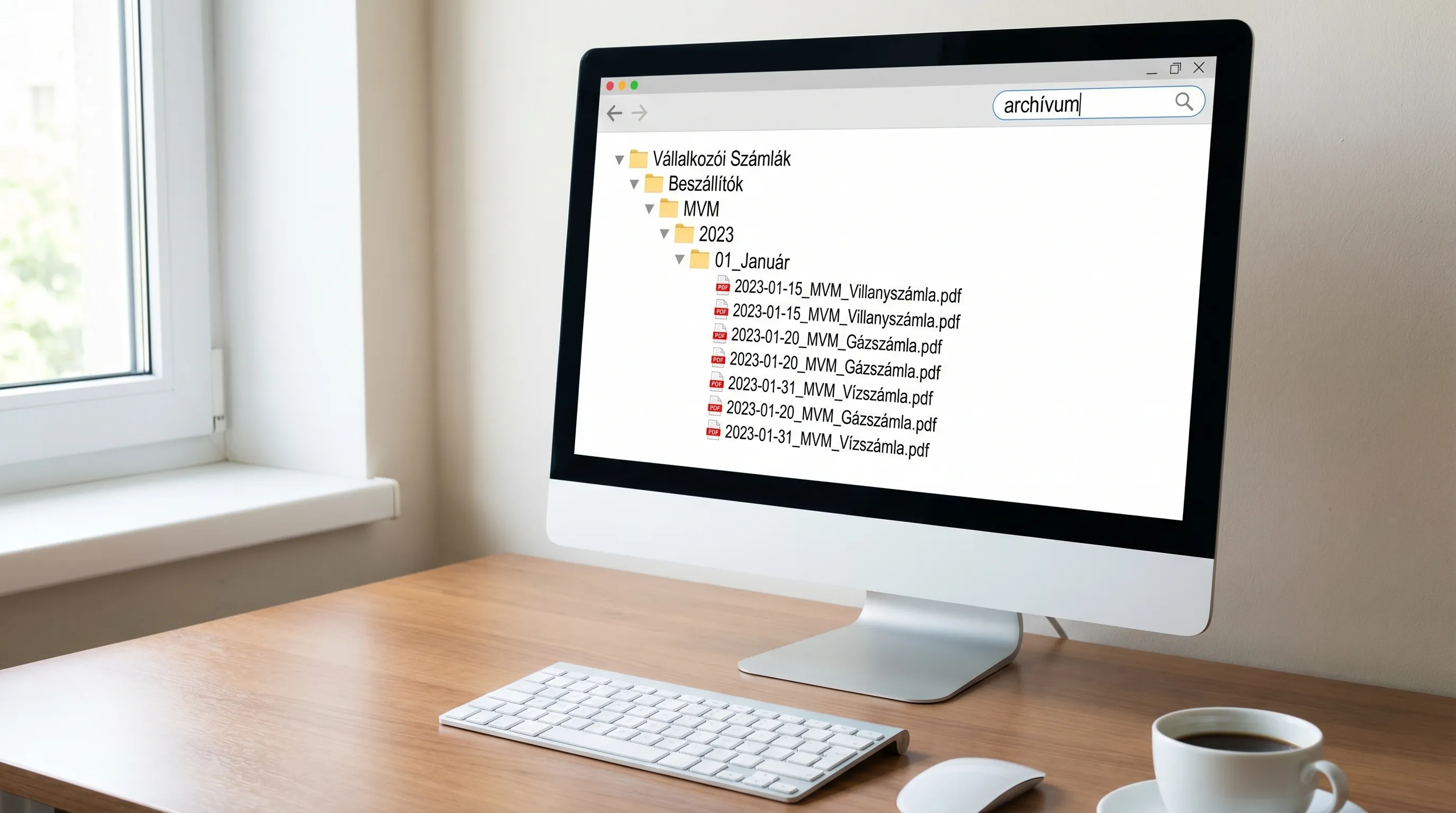 Példa egy jól áttekinthető digitális mappastruktúrára vállalkozói számlákhoz: Beszállítók, MVM, év, hónap, egységes fájlnevek, kereshető archívum.