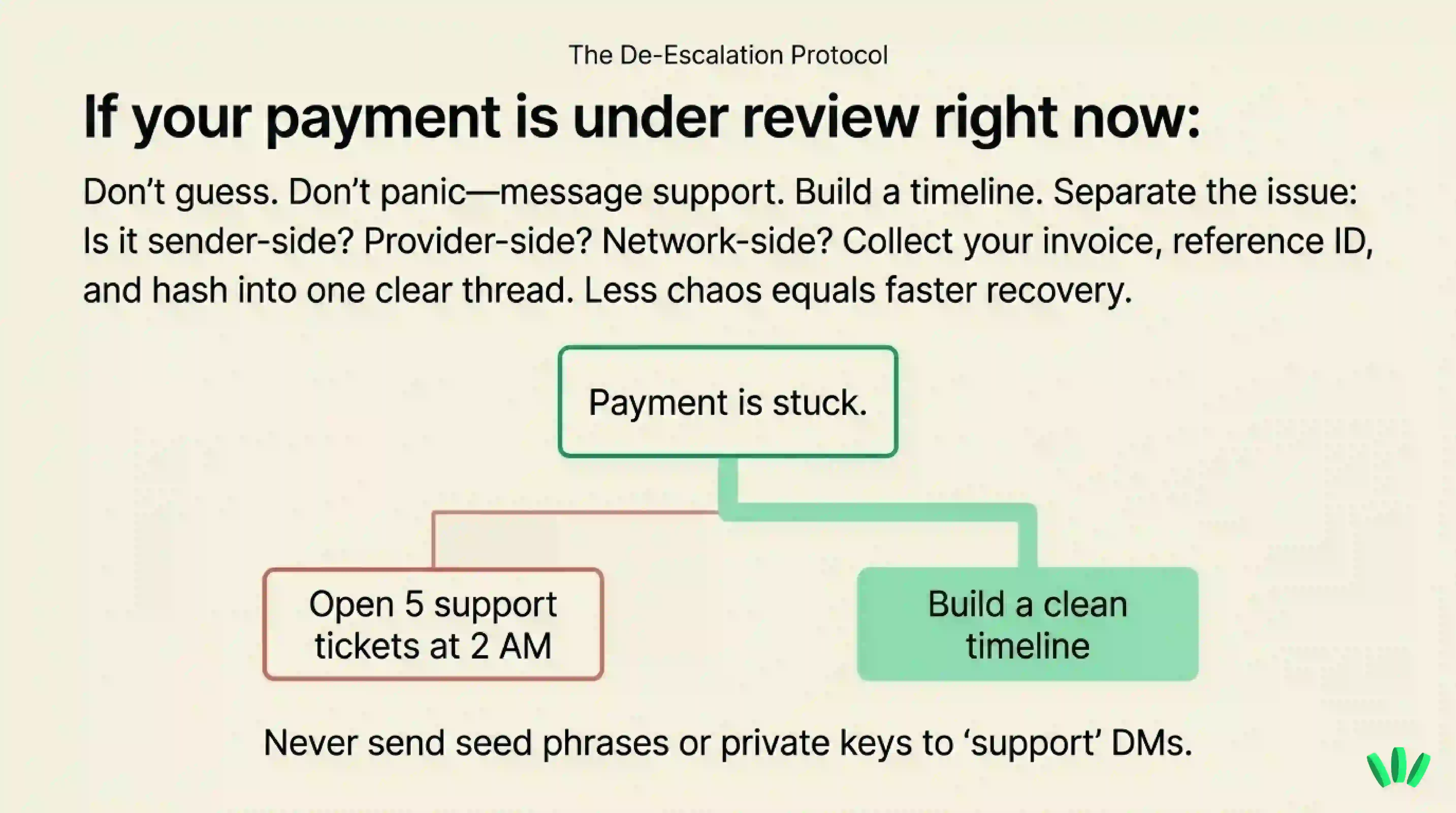 A flowchart advising freelancers not to open multiple support tickets and instead build a clean payment timeline with invoice, reference ID, and transaction hash.