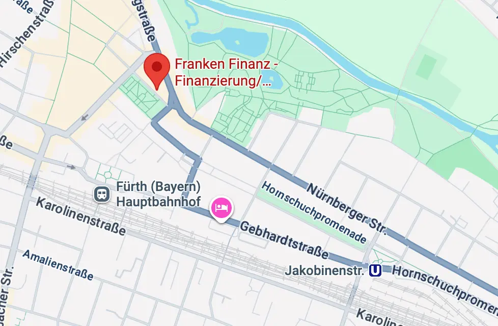 GoogleMaps Ausschnitt mit Anfahrt zu FrankenFinanz und einem hinterlegten Link für Standort bei GoogleMaps