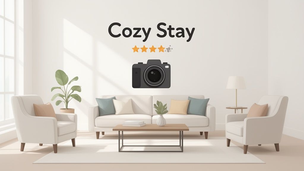 Modern living room with a sofa, armchairs, a coffee table, and a camera icon on the wall for a 'Cozy Stay'.