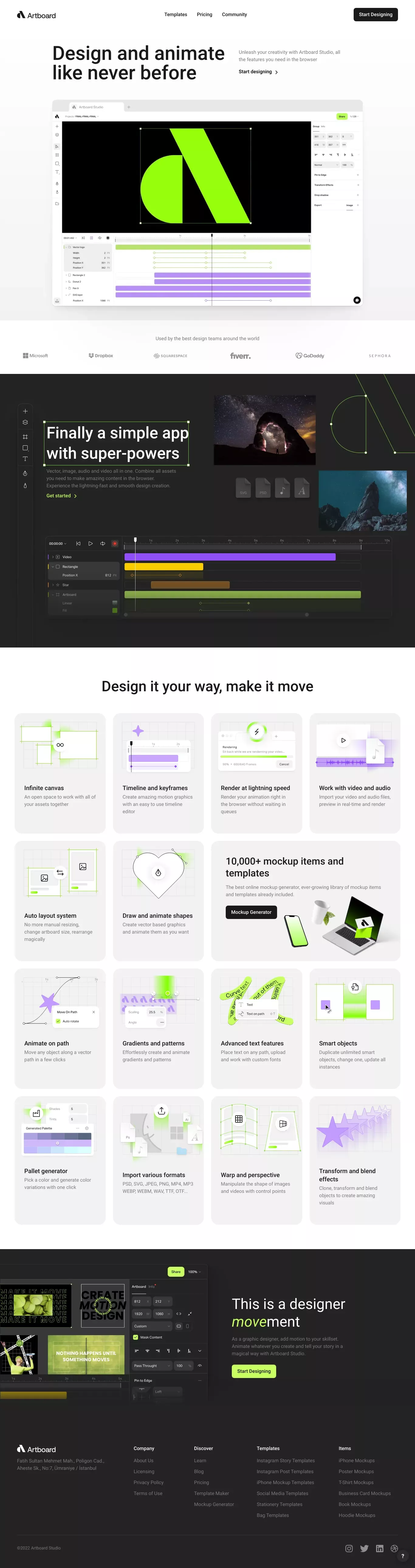 Artboard Studio: Design and Animate Like landing page screenshot showcasing Design and Tech design