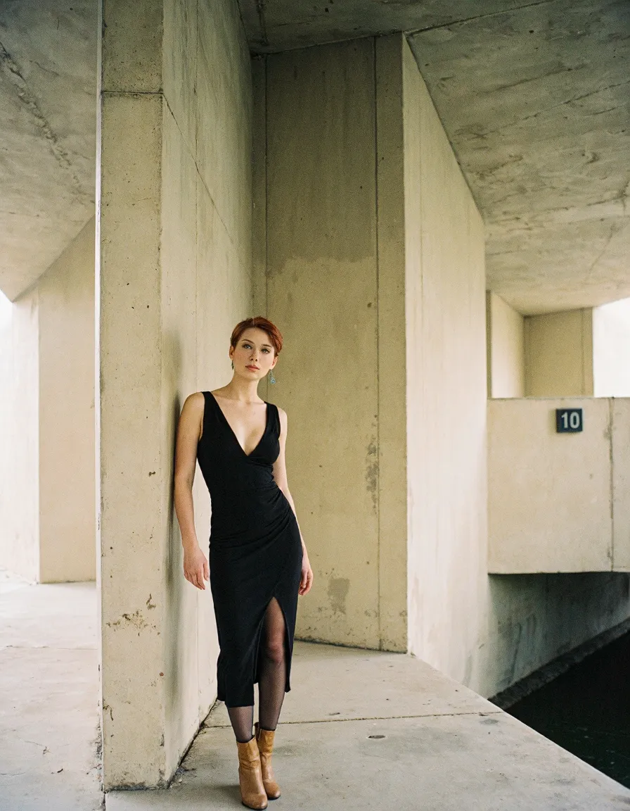 Woman in black dress and boots posing against concrete pillars in modern architectural setting