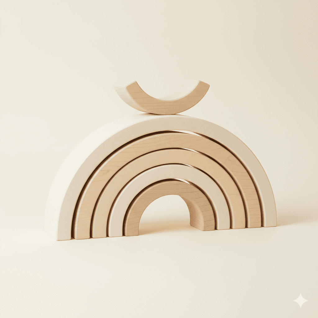 Minimalist wooden stacking arch toy in soft cream and sand tones, highlighting smooth wood grain and elegant curves.