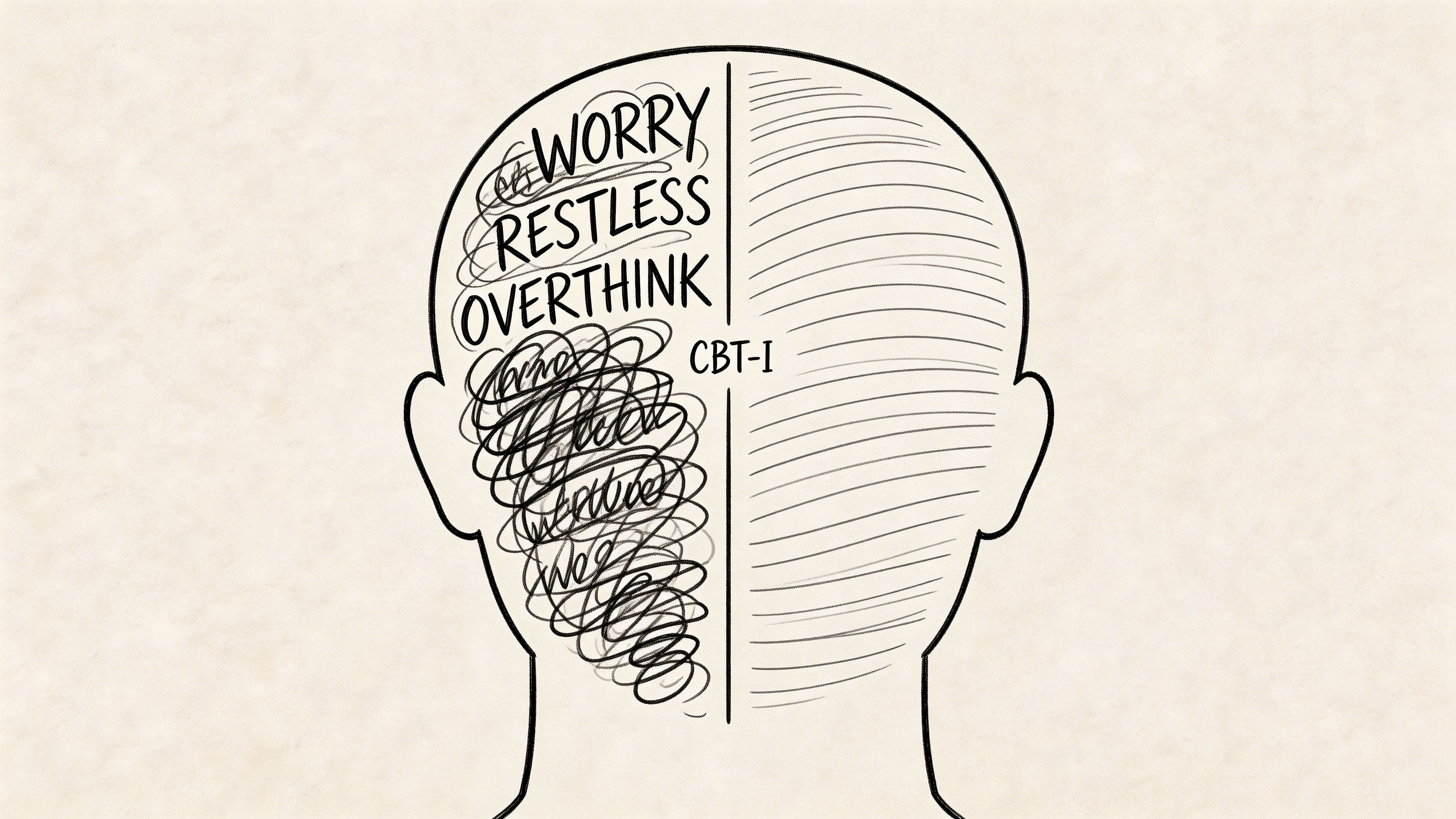 A line drawing of a human head divided into a chaotic side and a calm, orderly side.