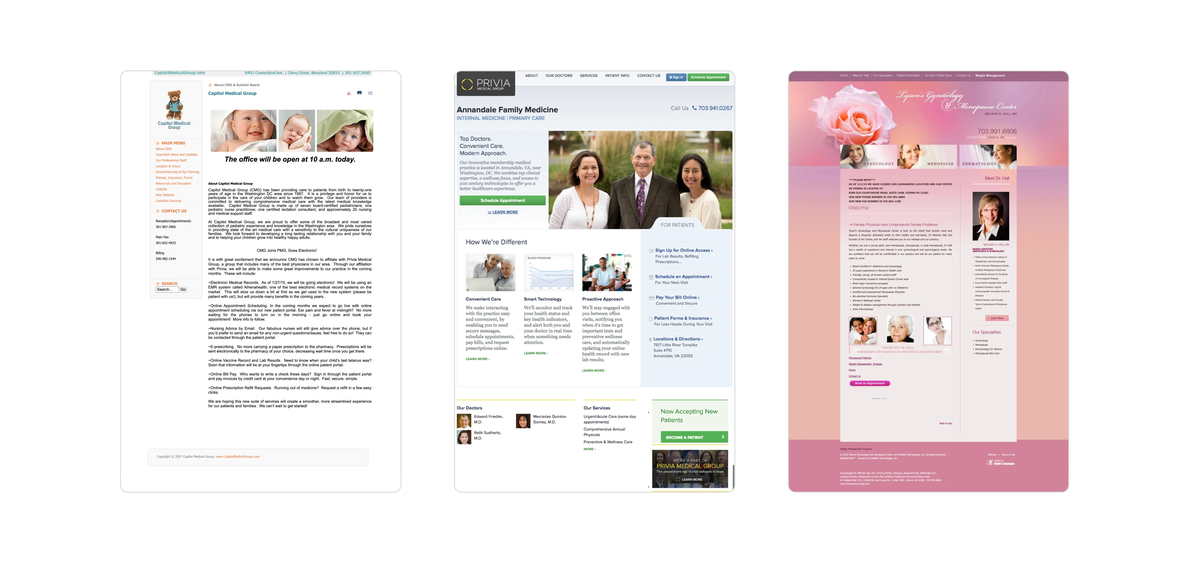 Screenshots of three medical website home pages with team photos, service info, and navigation menus in green and blue.