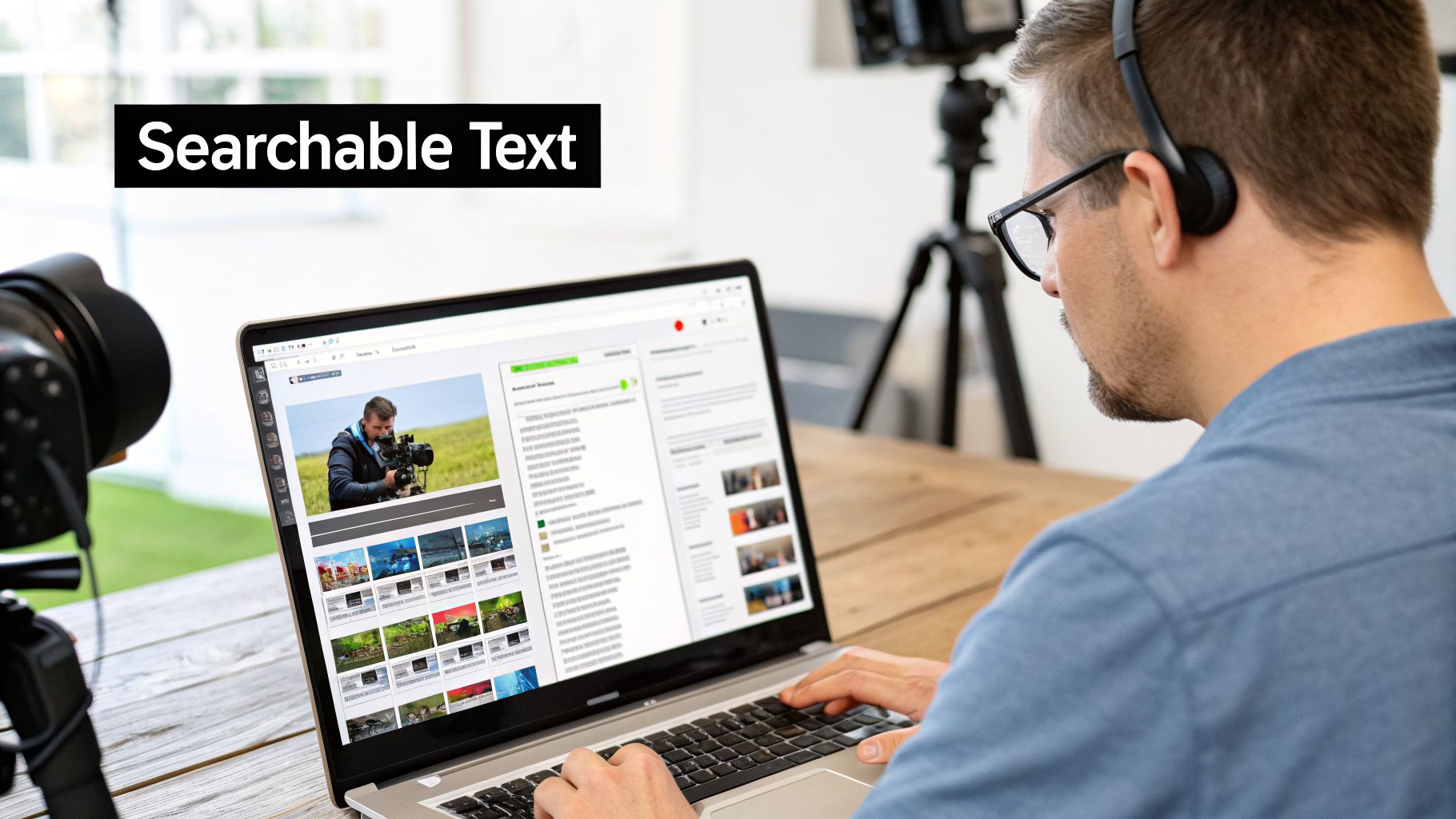 A man wearing headphones and glasses edits a video on his laptop, surrounded by camera gear.