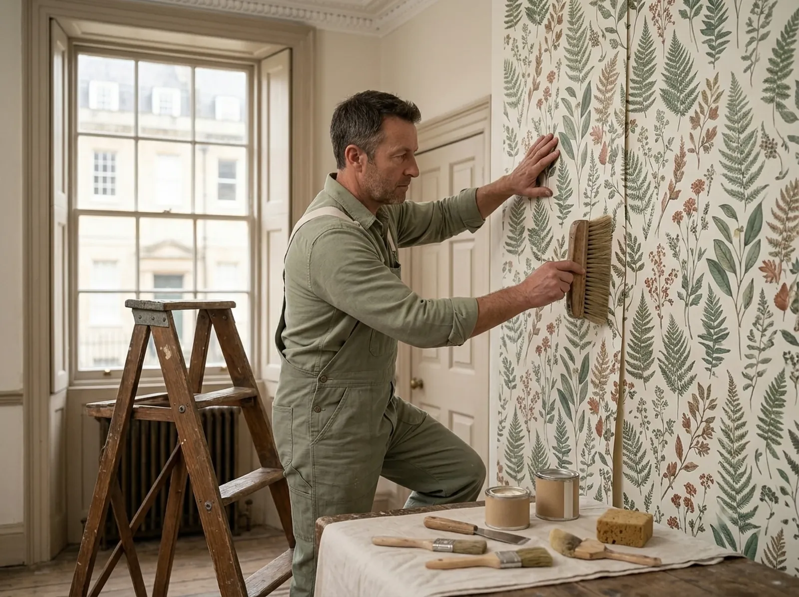 A decorator smoothing a length of botanical wallpaper onto a wall