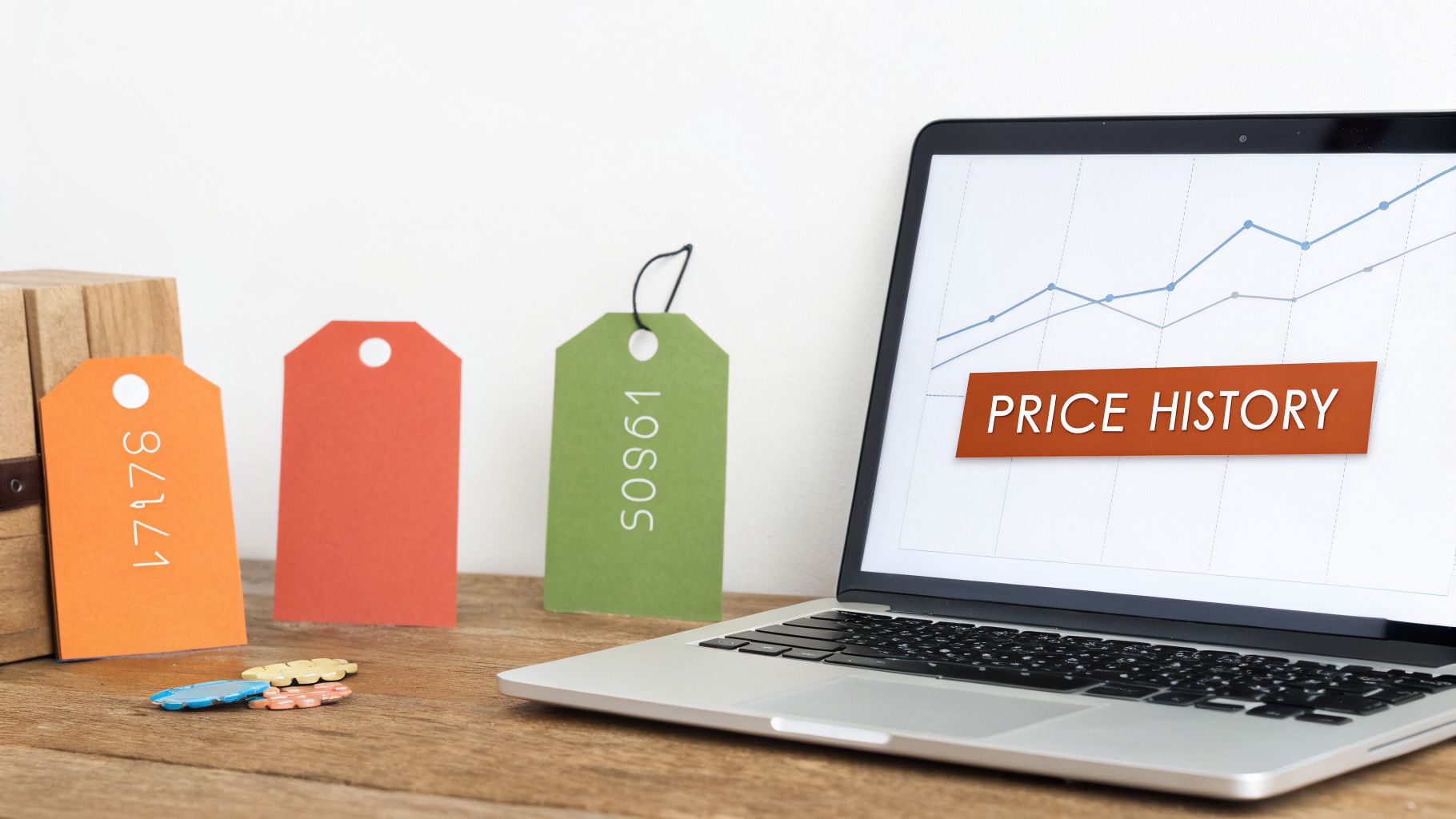 A laptop shows a 'Price History' graph with data trends, alongside colorful product tags on a wooden desk.