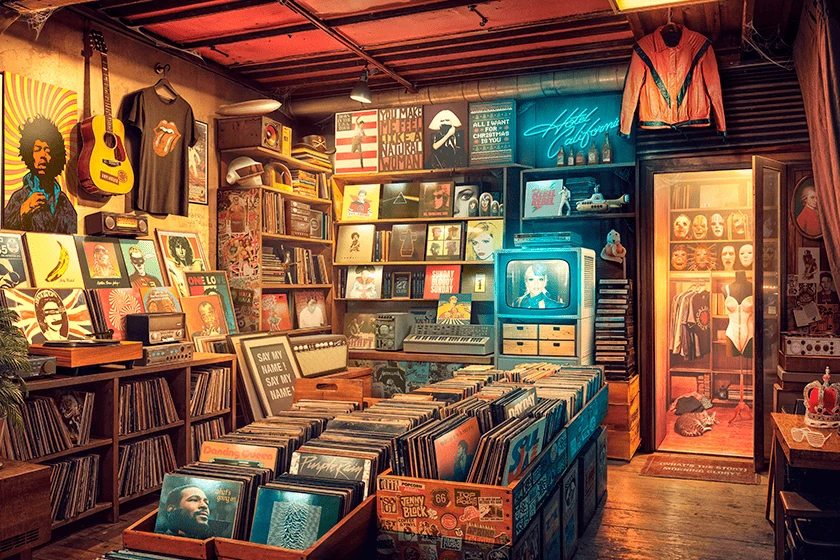 Décor d'un jeu PopCorn Garage, un paysage urbain rempli de références rap fr à retrouver.