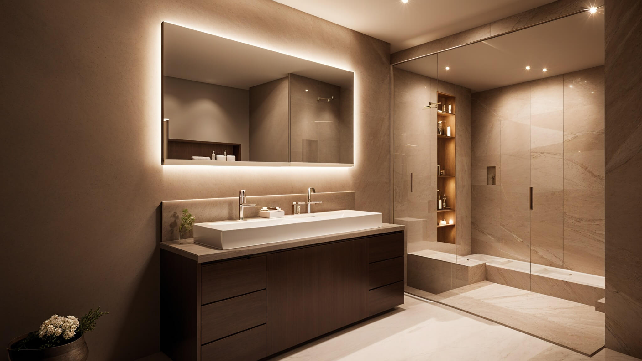 Elevated bathroom design with backlit mirror, warm wood vanity, sculptural stone surfaces, and glass enclosed shower.