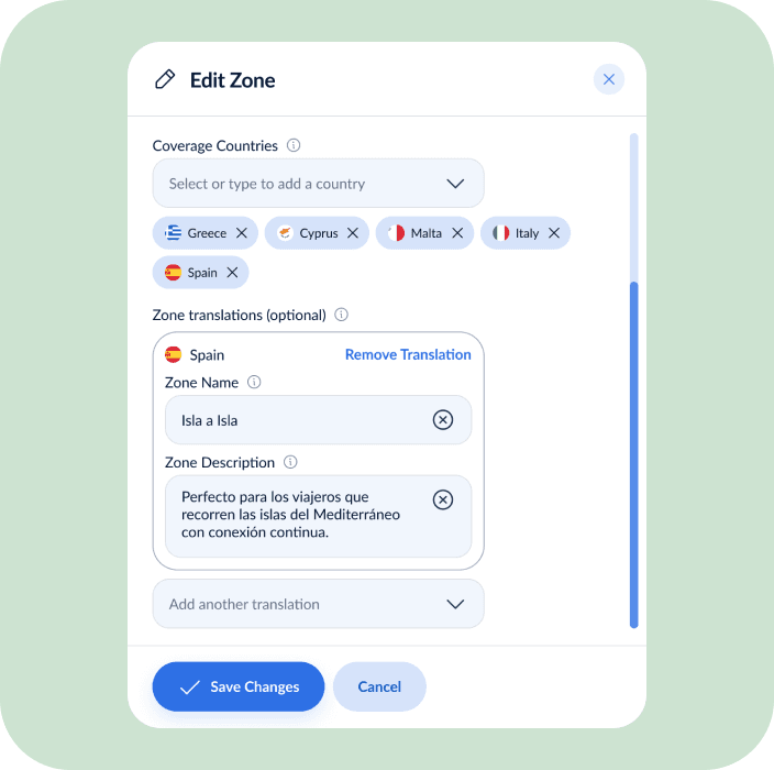 HERO CRM Edit Zone interface displaying selected countries, translations, and editable zone descriptions.