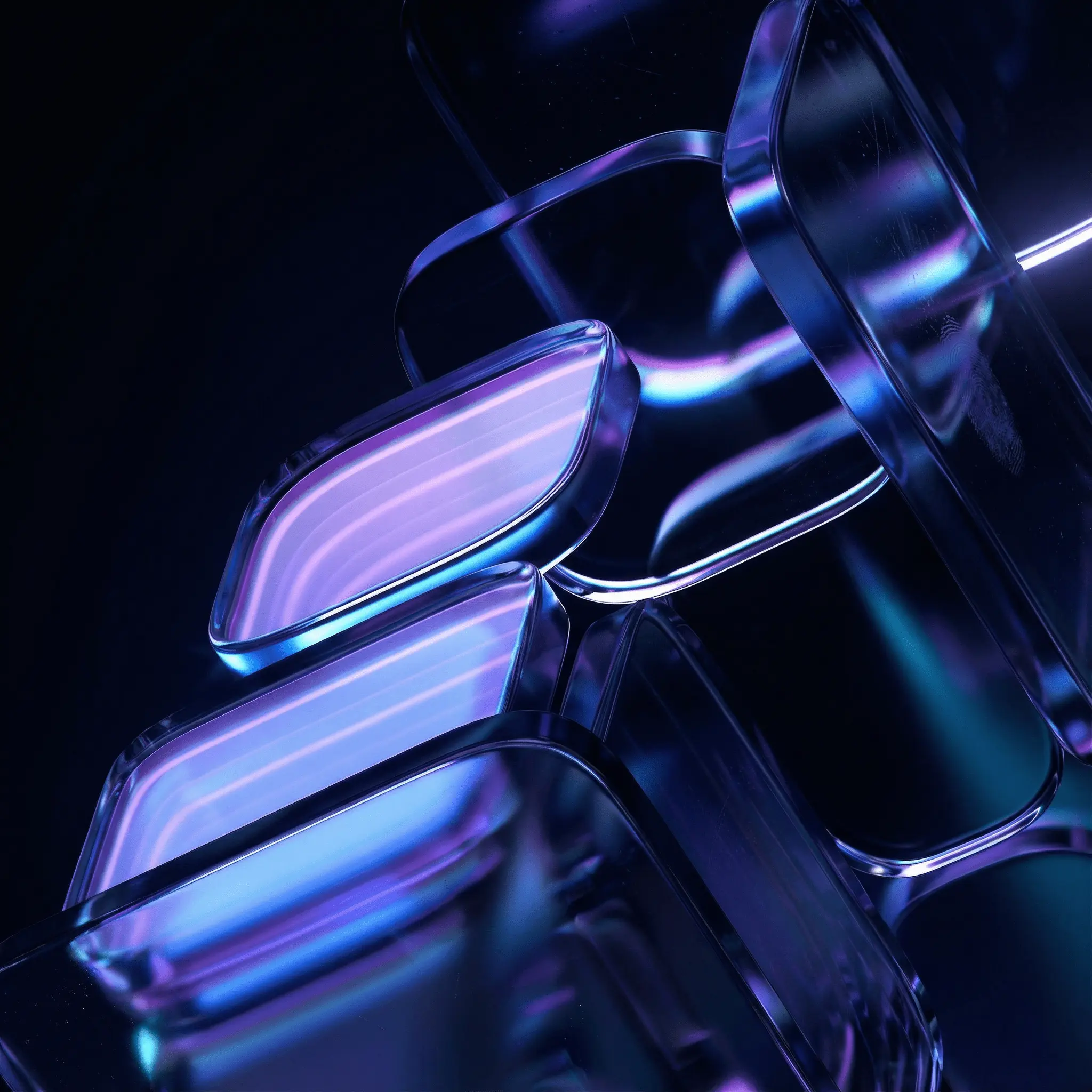 Abstract glass-like 3D structure with neon blue and purple lighting.