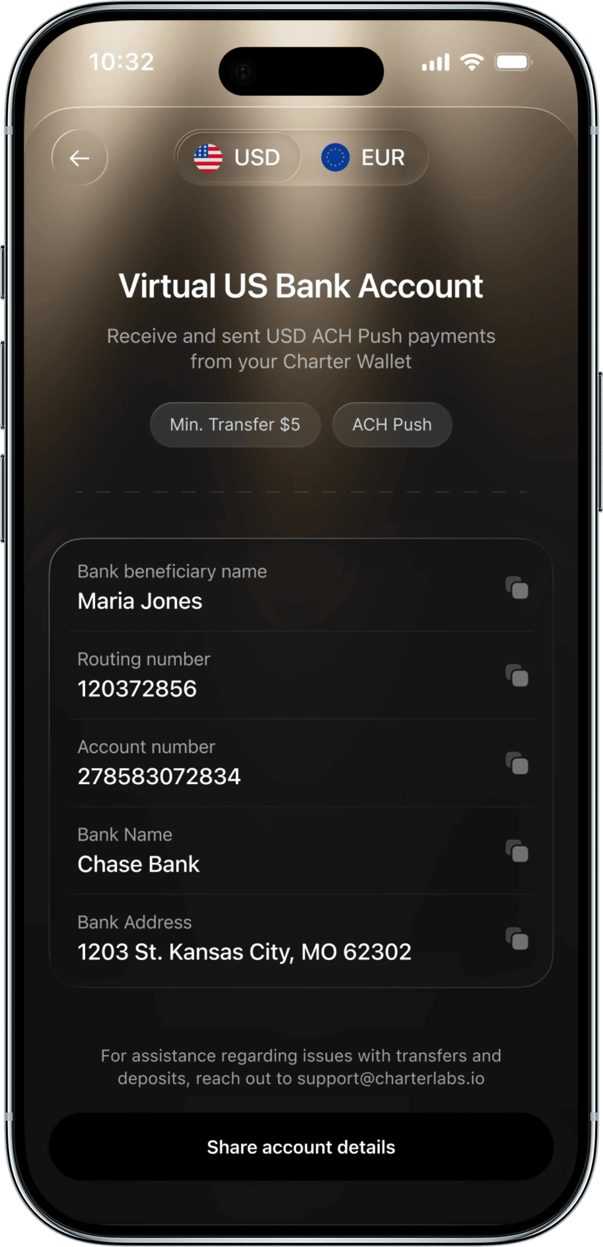 Charter Virtual Account App UI