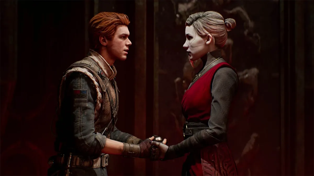 Cal Kestis in Jedi: Fallen Order holding hands with Merrin, a Nightsister. Cal is wearing a brown vest over a dark shirt and wearing brown leather gloves. Merrin has a red dresss over a grey tunic.