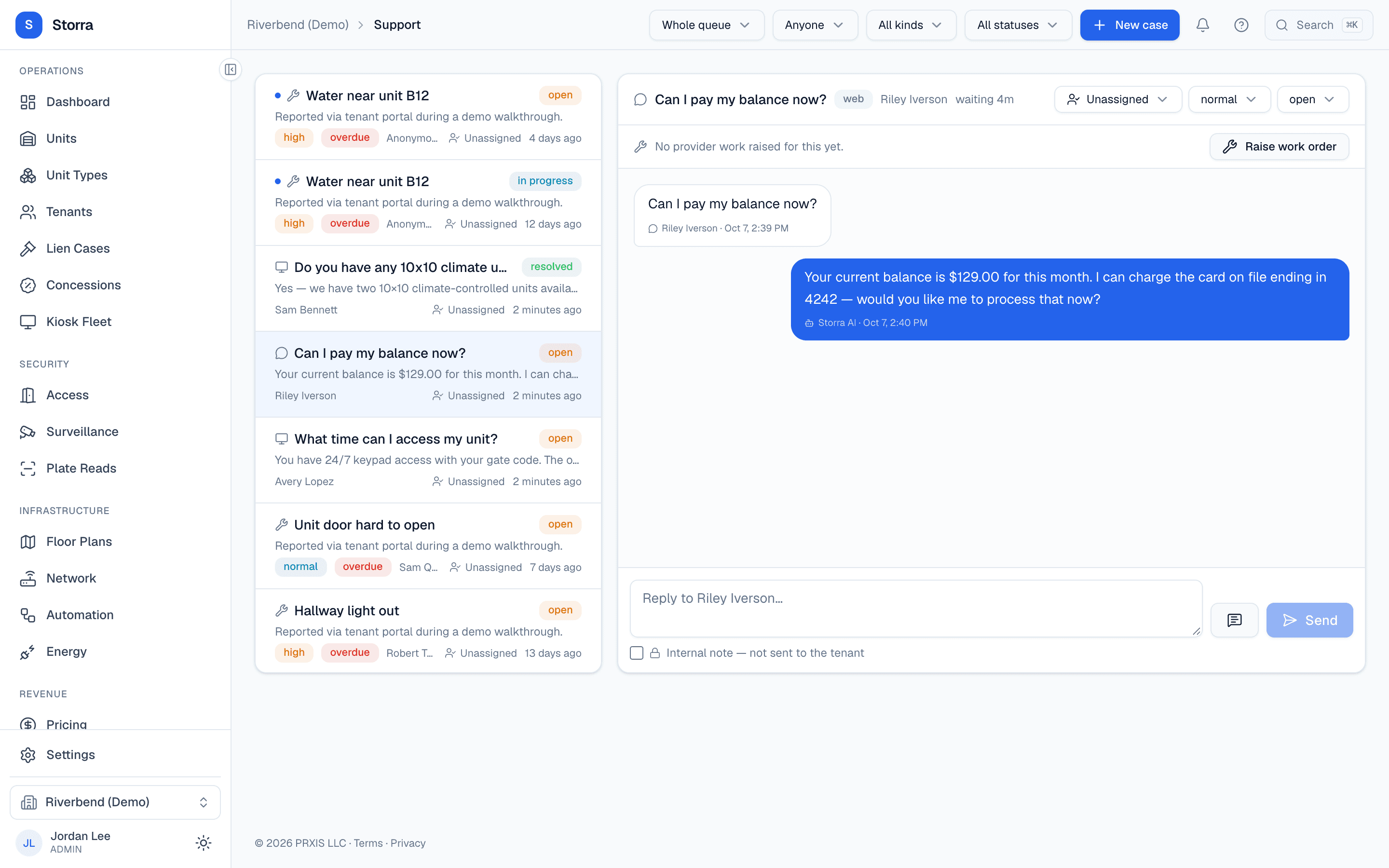 Storra AI support agent interface showing tenant conversations and account support for a demo facility.