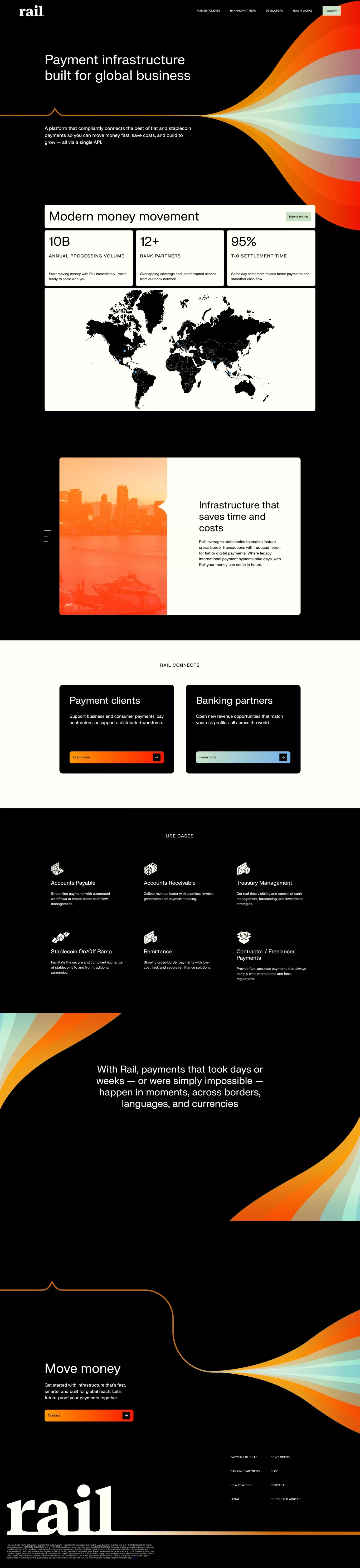 Rail landing page screenshot showcasing Finance and Tech design