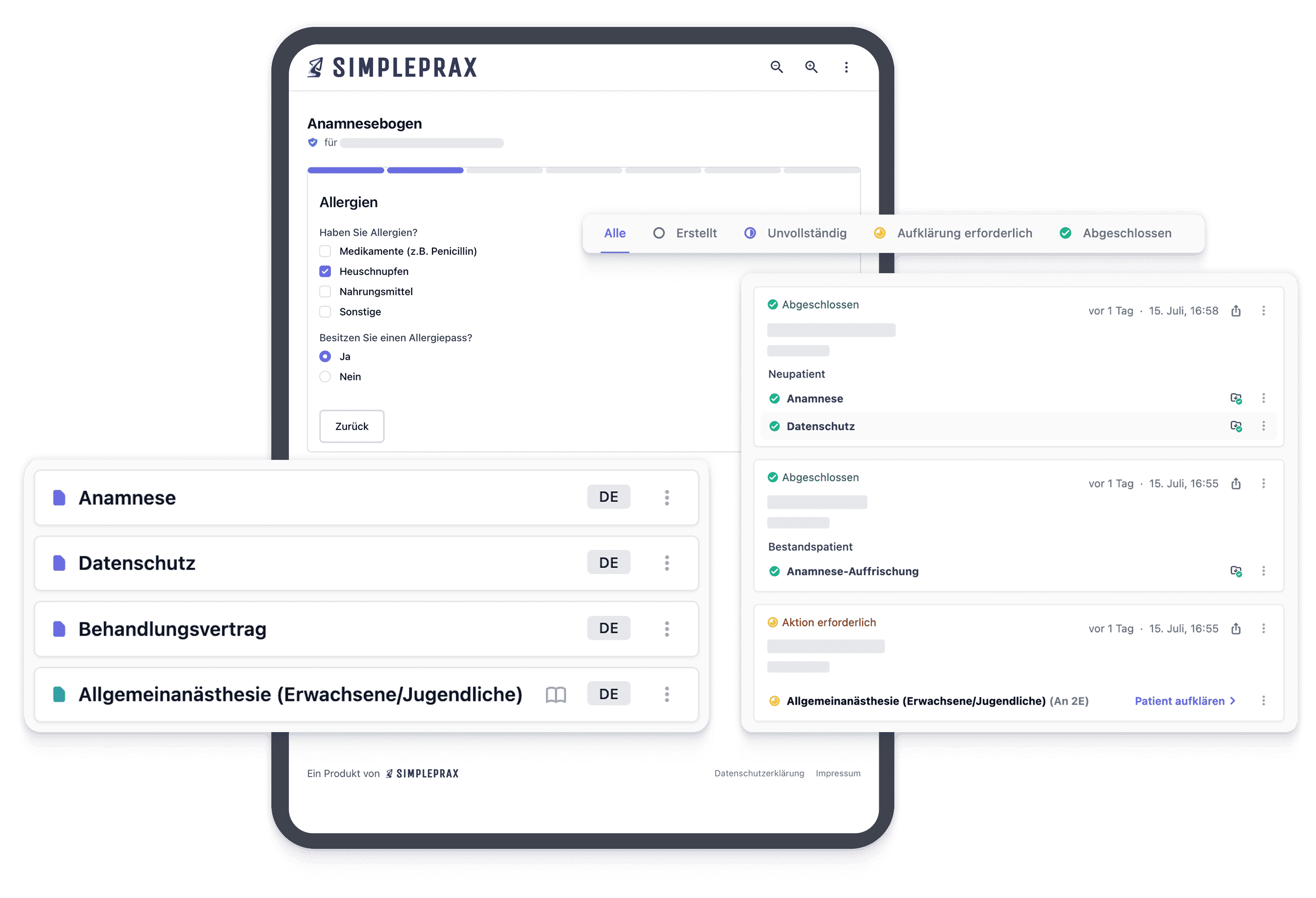 Herobild zeigt verschiedene Teile der Software wie ein Anamnesebogen auf einem Tablet und Dokumenten die erstellt werden können