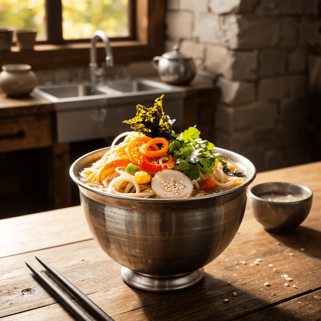 product photography of a bowl of cold noodles with vegetables and toppings
