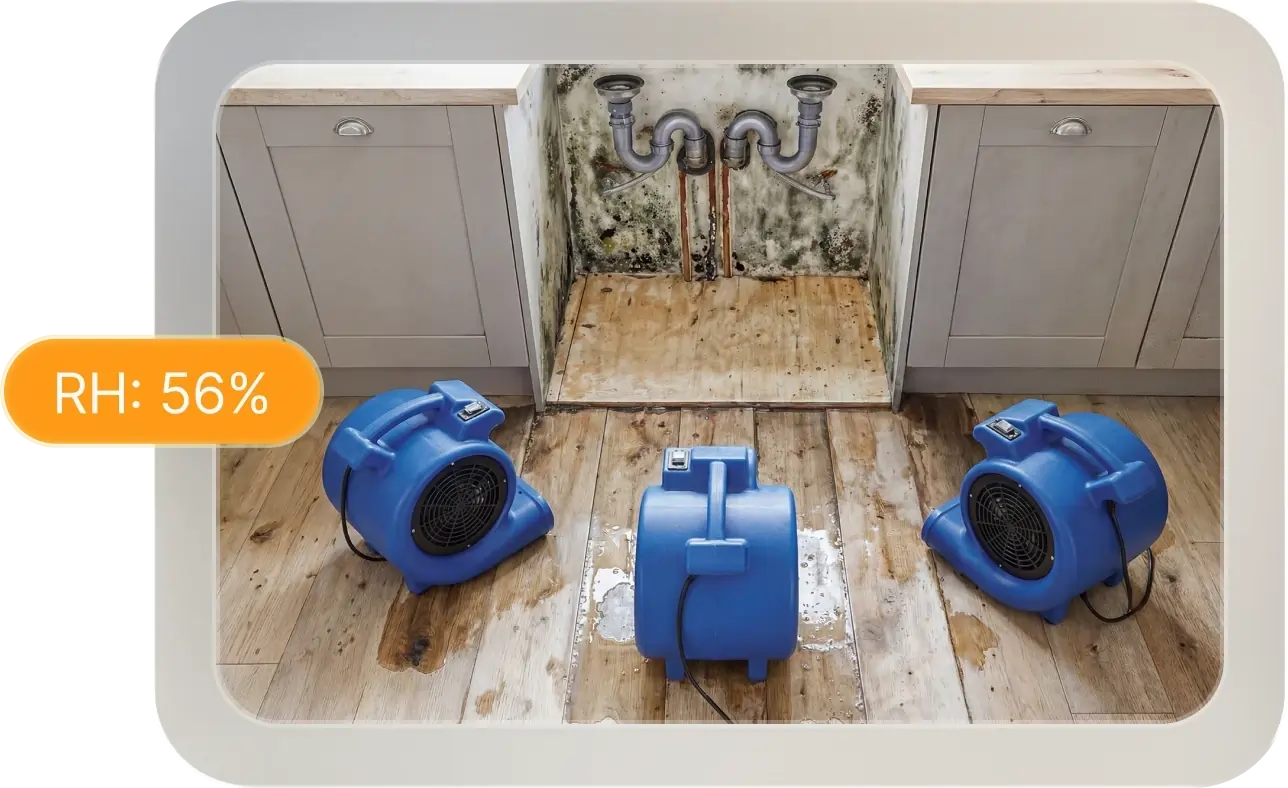 RH water damage kitchen moisture measurement with three blue air movers