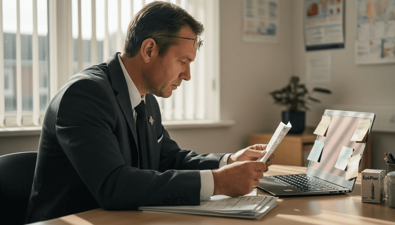 Doctor reviews patient leaflet at desk