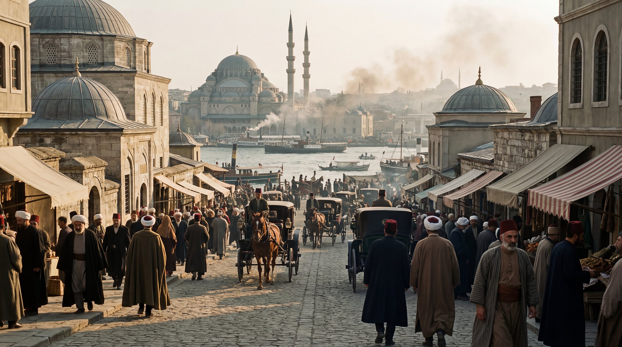 A crowded imperial street running down to the water: mosques, domes and minarets above, steamers on the harbour, fezzes and turbans and caftans in the same frame