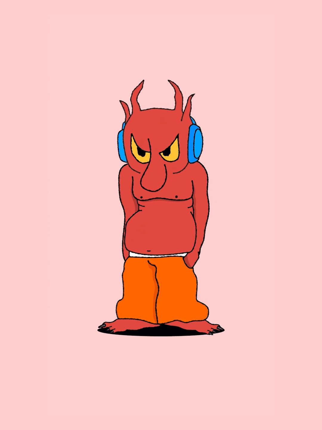 Red illustrated character with blue headphones