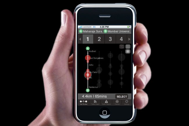 A hand holds a smartphone displaying a screen with numbered options: 1, 2, 3, and 4. The screen also shows icons for Airtrip, Four Sungkaks, Mulu, and Santacruz. The bottom of the screen displays "4.4km / 1 65mins" and "SELECT". The carrier is listed as 33, and the time is 4:20 PM. The background is black.