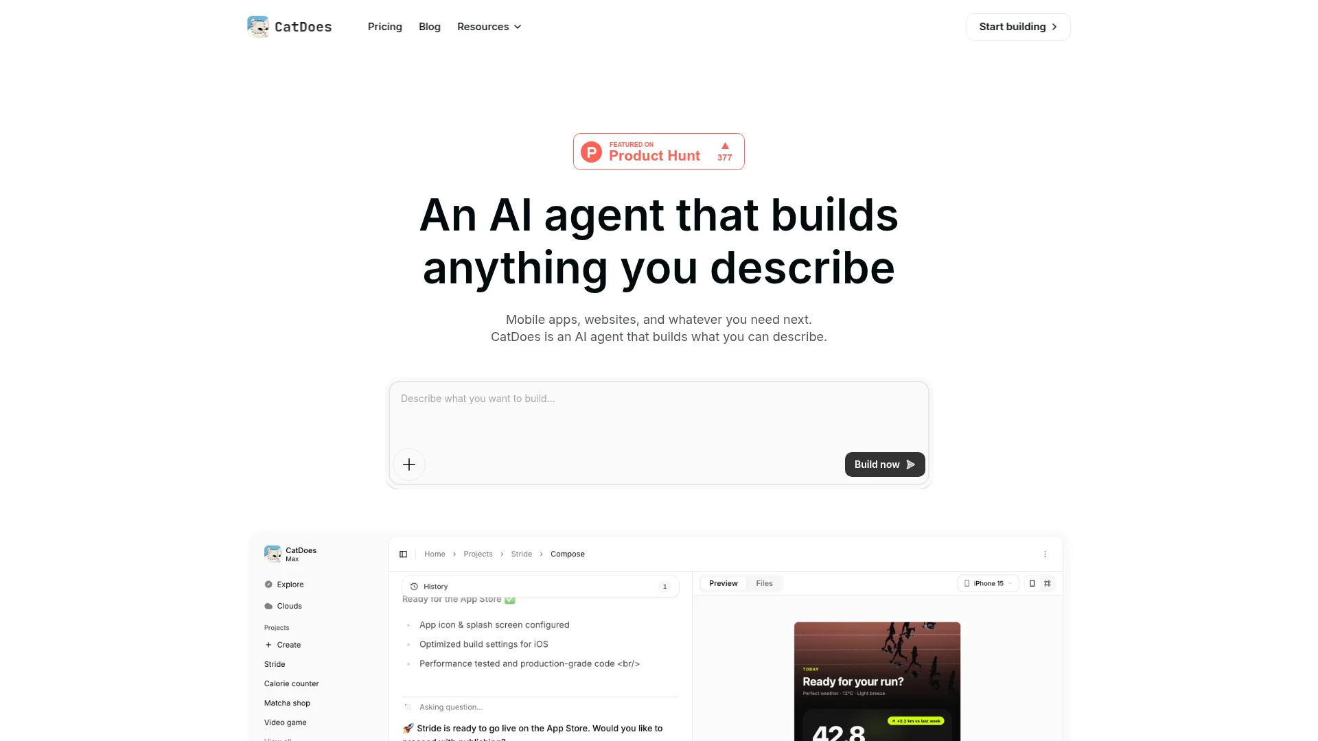 CatDoes landing page showing an AI agent that builds mobile apps and websites
