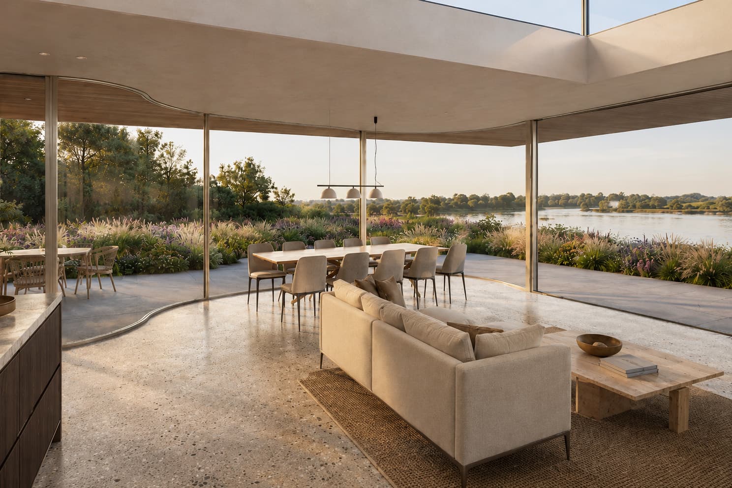 Woonkamer van villa aan de rivier de Noord met panoramische glasgevel en uitzicht over het water