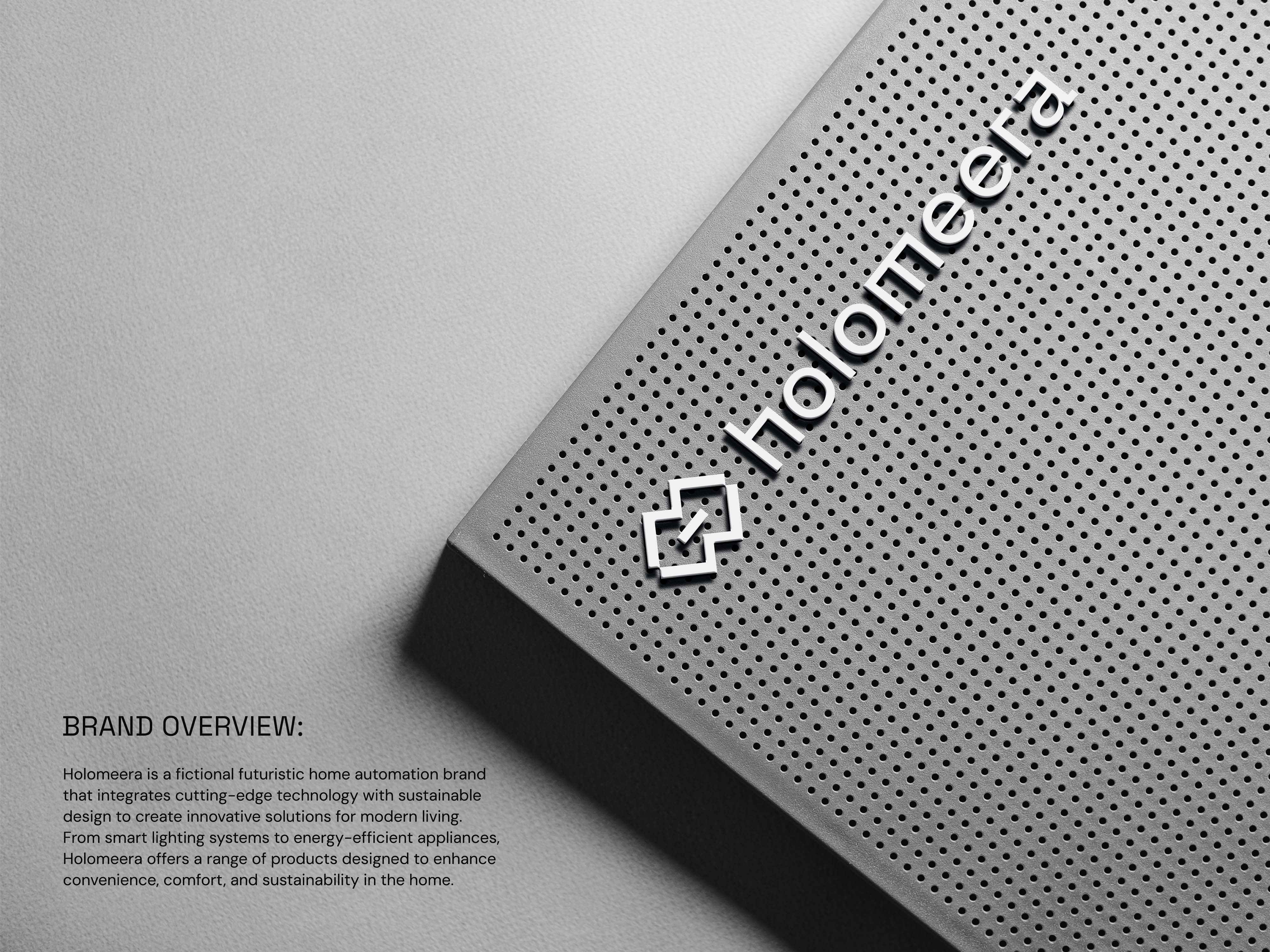 Metal smart speaker surface with diagonal 3D logo and brand overview text - Holomeera, a smart home brand identity.