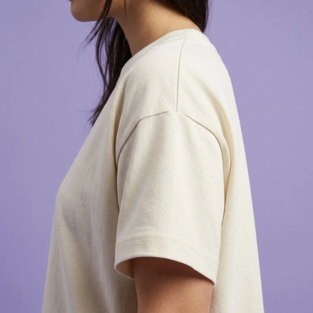 A women wearing a high quality drop shoulder crew neck t-shirt of cream colour against purple background